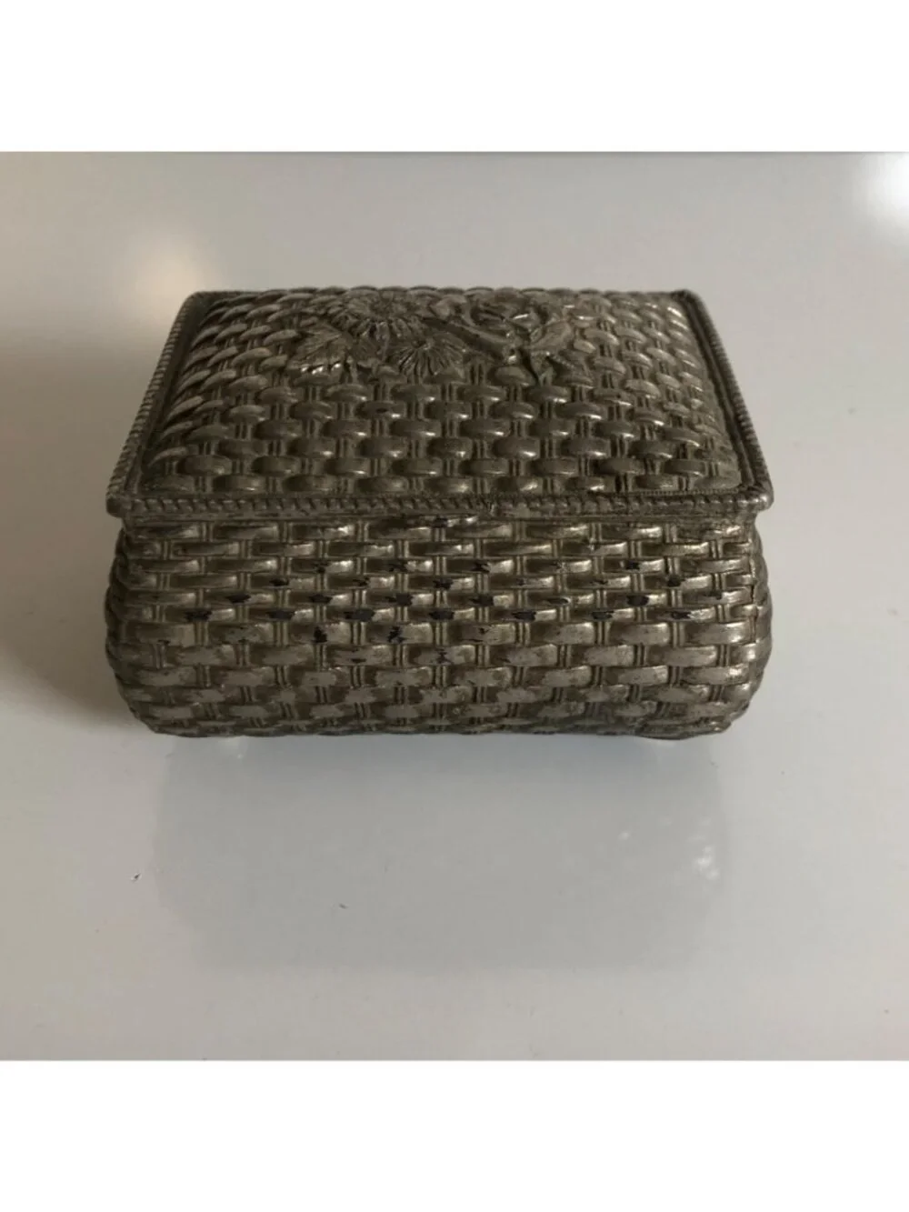 Vintage Silver Plated Jewelry Box Made in Japan Basket Weave Floral Trinket Cask